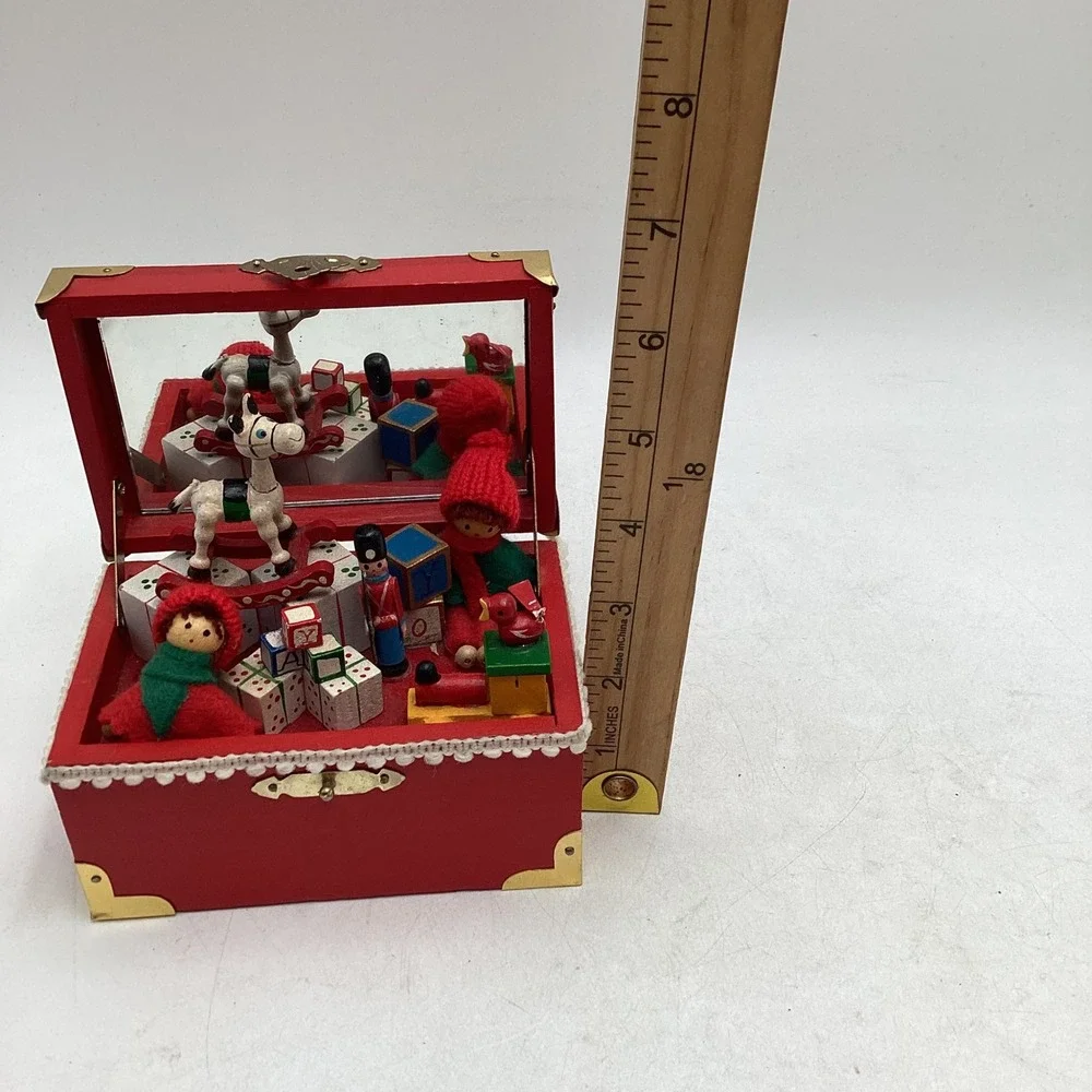 Vintage Christmas Toy Shop Musical Jewelry Box Red Wood Trunk Rocking Horse